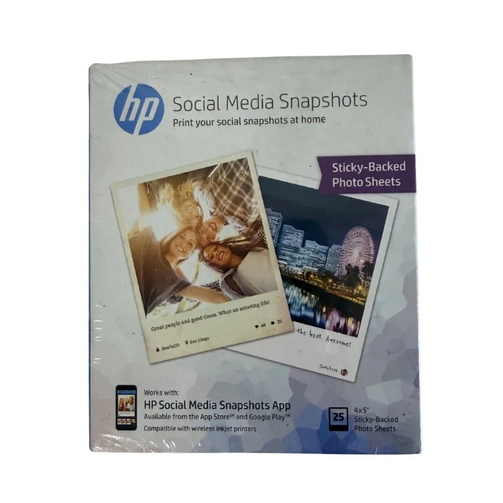HP Social Media Snapshots Sticky Backed Photo Sheets 4x5 25 Count K6B83A NIP